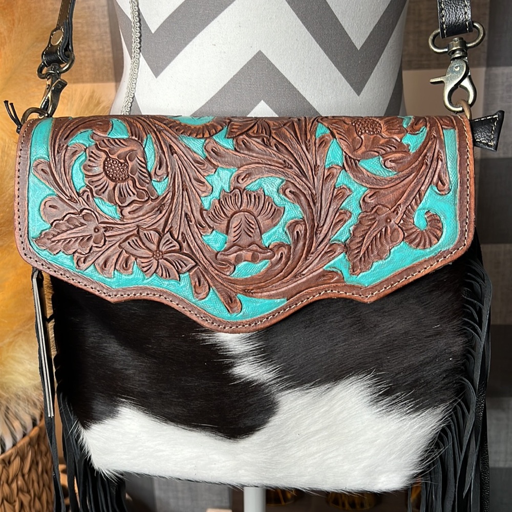 Cowhide Aqua Hand Tooled Crossbody - Picture 2 of 7
